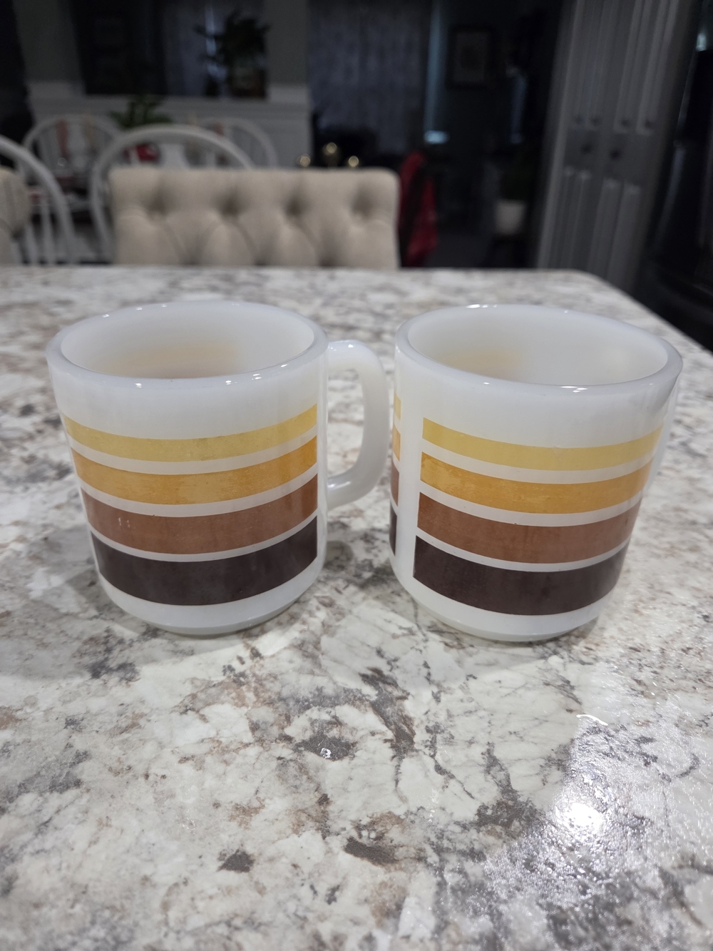 S/2 RARE VINTAGE GLASSBAKE MILK GLASS Stripe Mugs Cups Yellow Brown Orange 1970s
